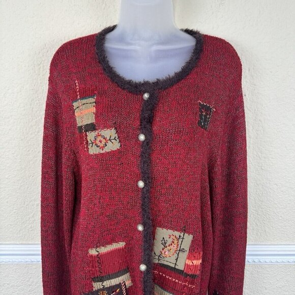 Vintage sz 1X Sweater Cardigan Button Red Embroidery Fall Patchwork Artsy - Picture 2 of 8